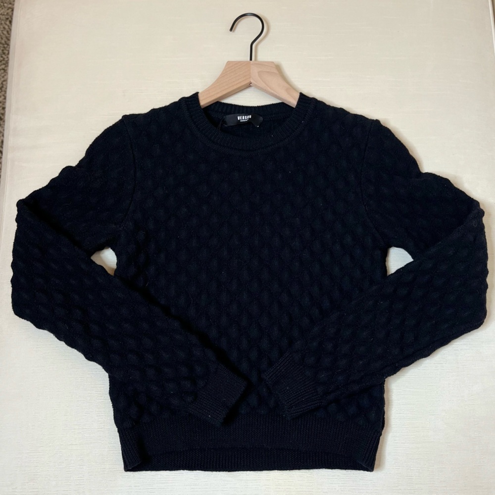 Versus Versace 100% Wool Black Textured Crewneck Sweater Quiet Luxury Italy Knit